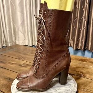 Michael Kors Brown Leather Lace Up Mid Calf High Heel Boots Sz 8 M Italy ~ $267!